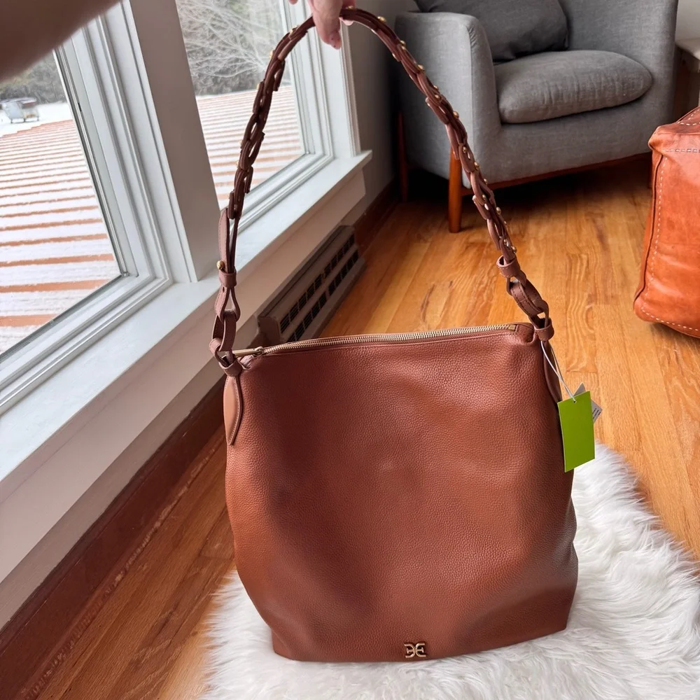 Sam Edelman Bay Large Leather Hobo Bag Chainlink Strap Caramel NWT